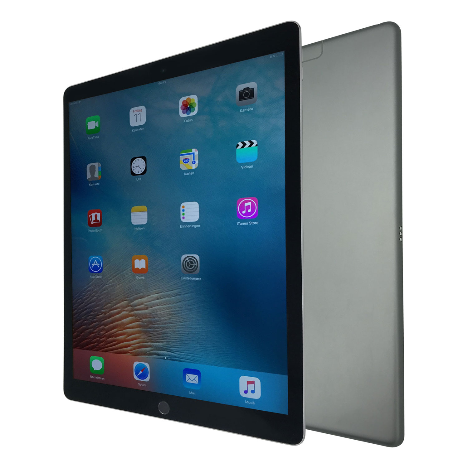 Ein Tablet mit farbenfrohem Bildschirm mit Symbolen, mit silberner Rückseite.