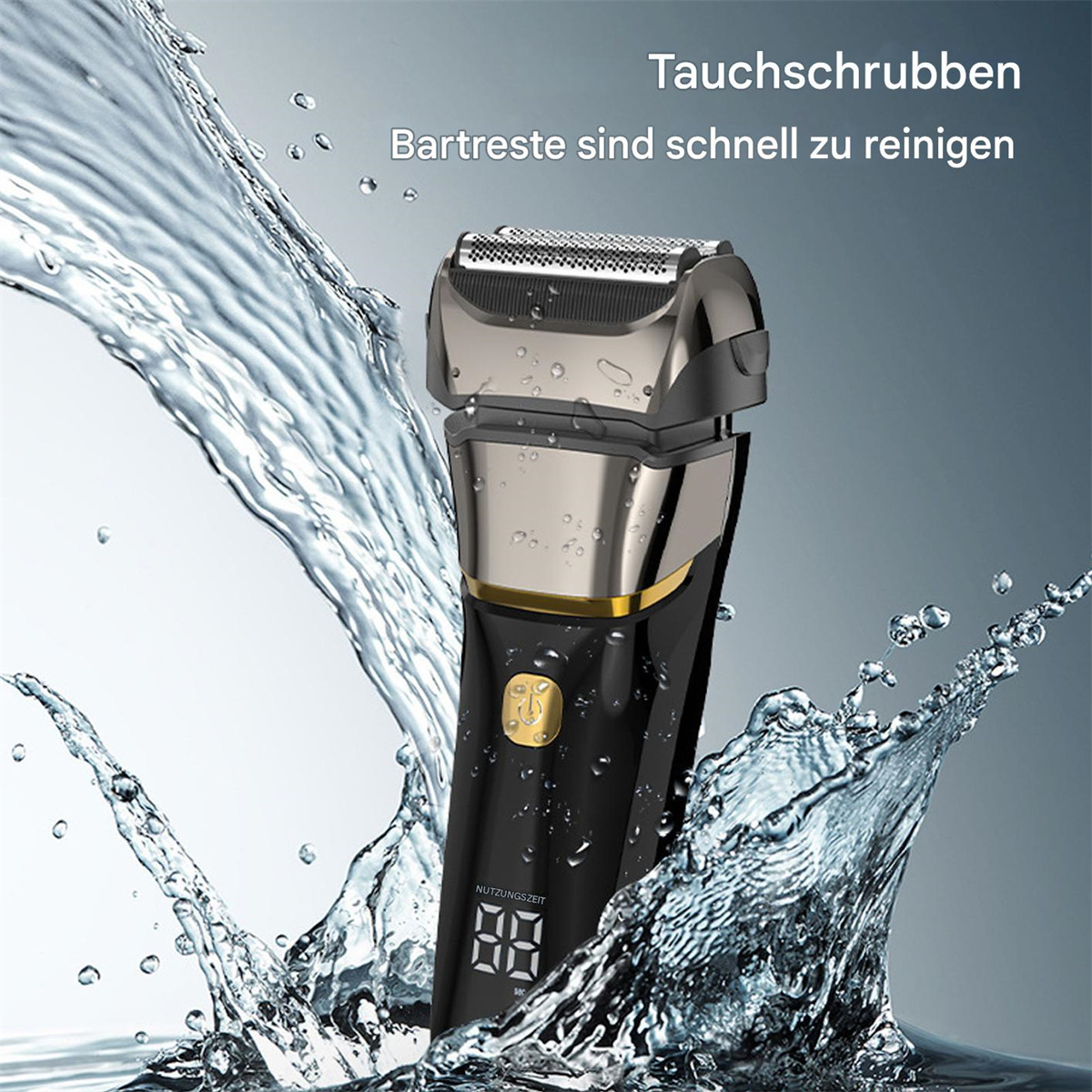 Elektrischer Rasierer mit Wasserspritzern. Der Rasierer ist schwarz und silberfarben, mit digitaler Anzeige.