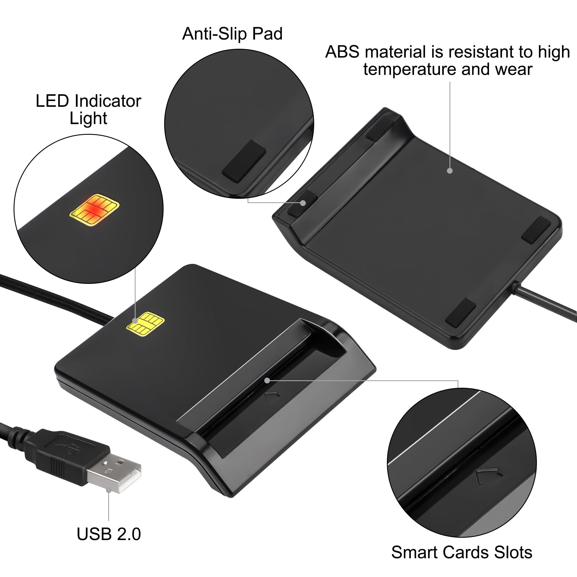 Schwarzer Smartcard-Leser mit USB 2.0. Zeigt LED-Anzeige und Anti-Rutsch-Pads.