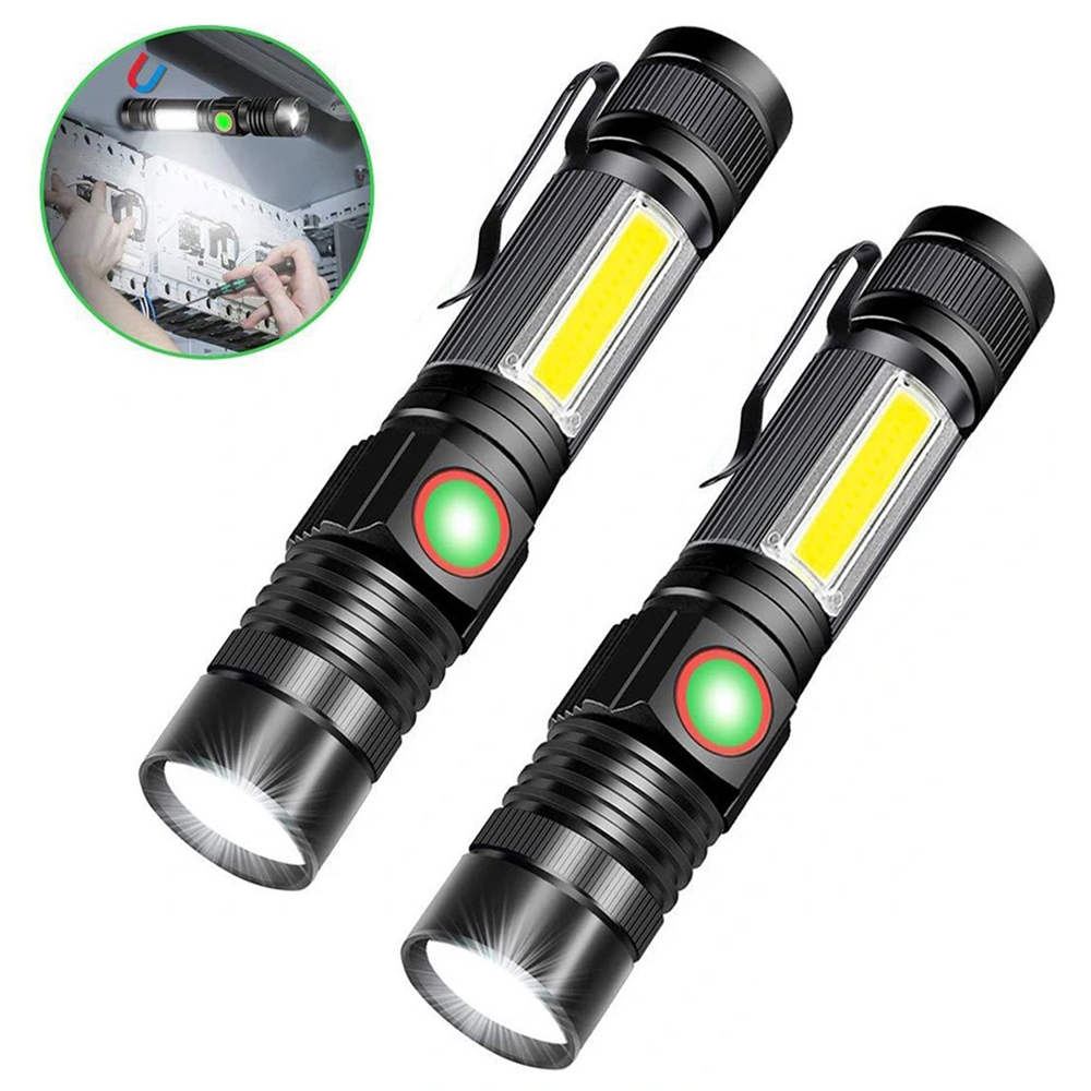 Zwei schwarze Taschenlampen mit hellweißem Licht und einem grünen Knopf.