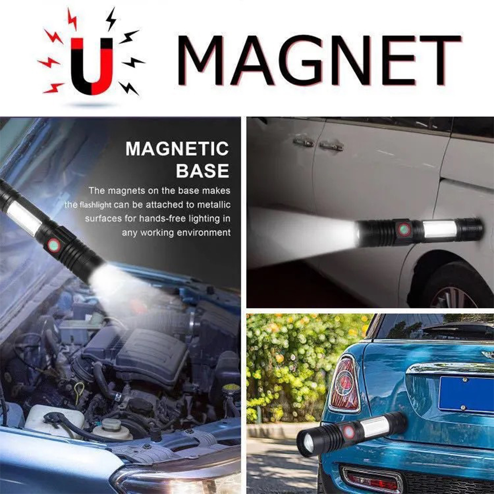 Bilder einer Taschenlampe mit Magnetfuß. Es ist an einem Auto und einem Fahrzeug befestigt.