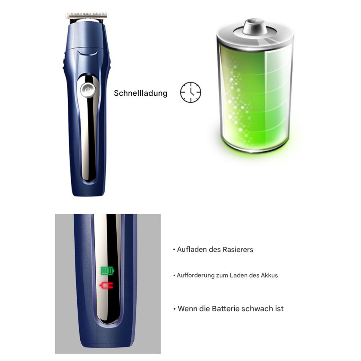 Elektrischer Rasierer und Ladeanzeige. Text: Schnellladen und Batterie-Ladeinfo.