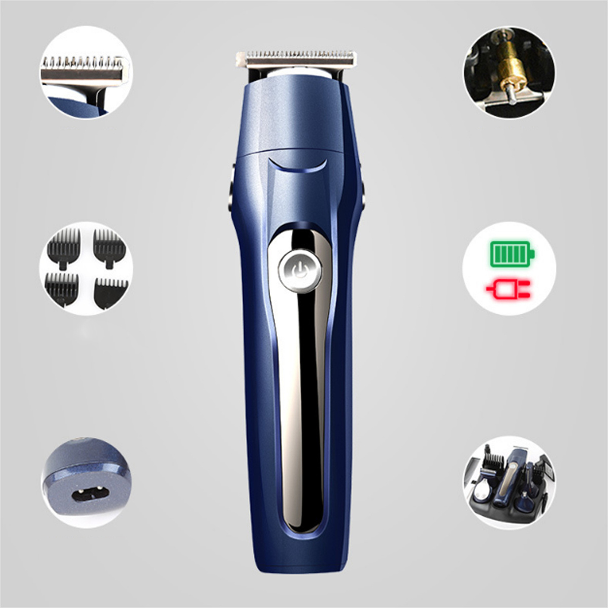 Blau-silberner elektrischer Haartrimmer mit Zubehör, der eine Batterie- und Ladeanzeige zeigt.
