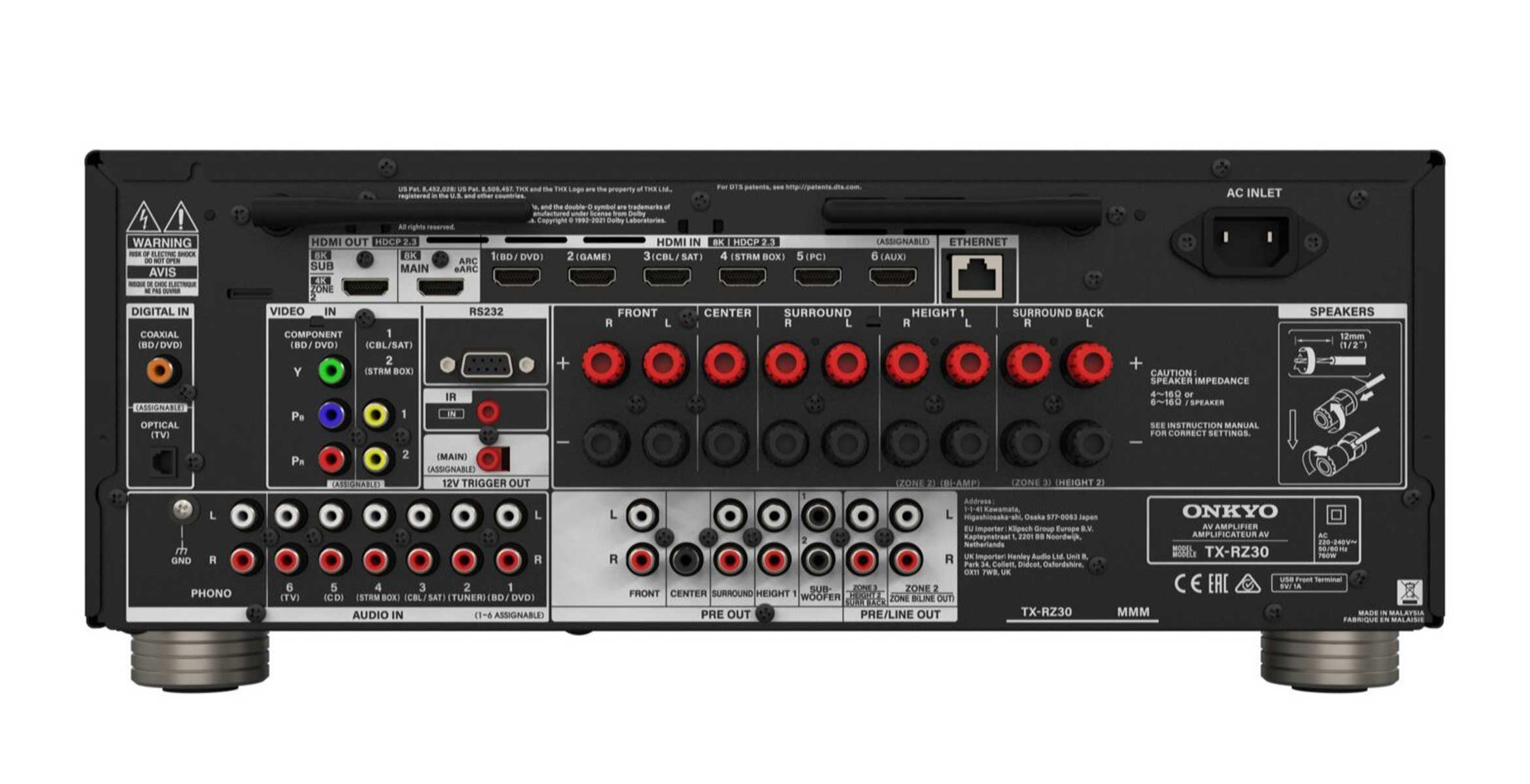 Rückansicht eines schwarzen Audio-Receivers mit zahlreichen Ein-/Ausgängen und Lautsprecheranschlüssen.