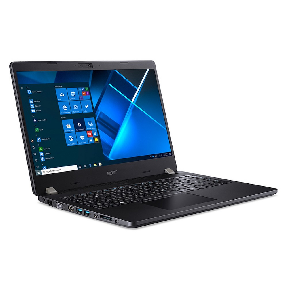 Laptop nero, aperto, vista laterale. Lo schermo mostra Windows.