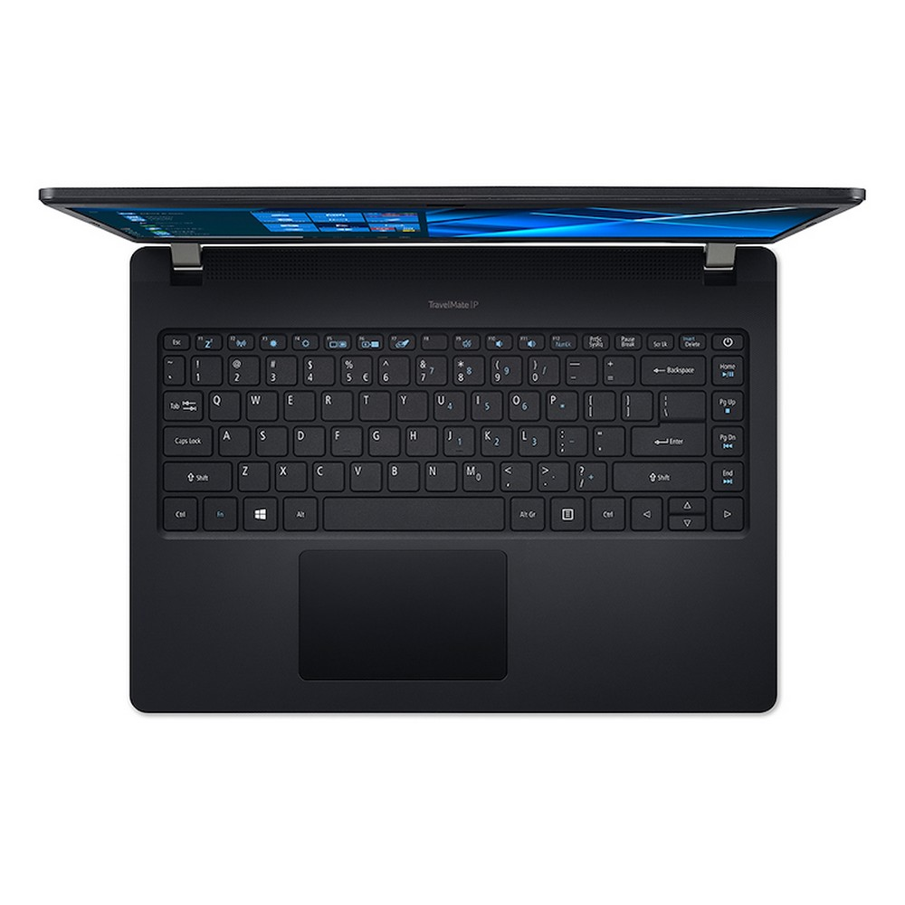 Laptop nero, vista dall'alto. Tastiera e touchpad visibili. Modello TravelMate P.