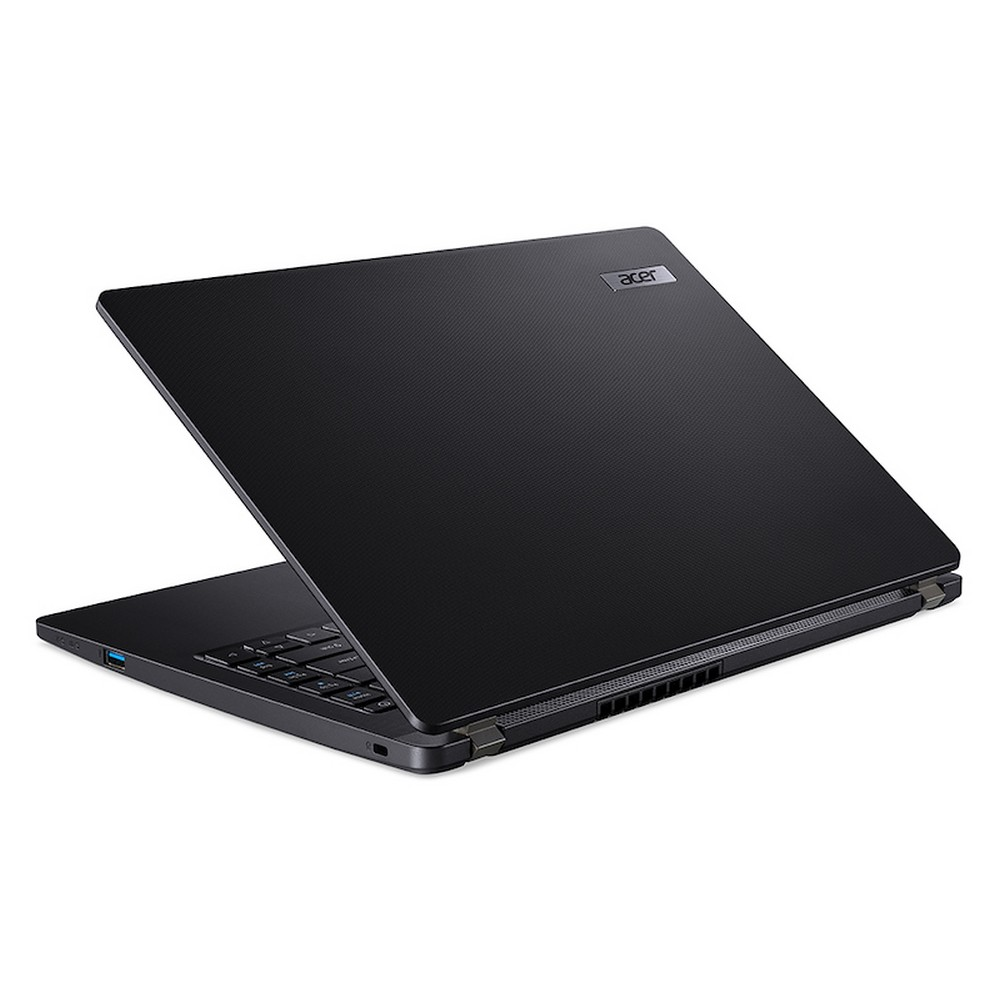 Un laptop nero con il logo Acer, chiuso ad angolo, su una superficie bianca.
