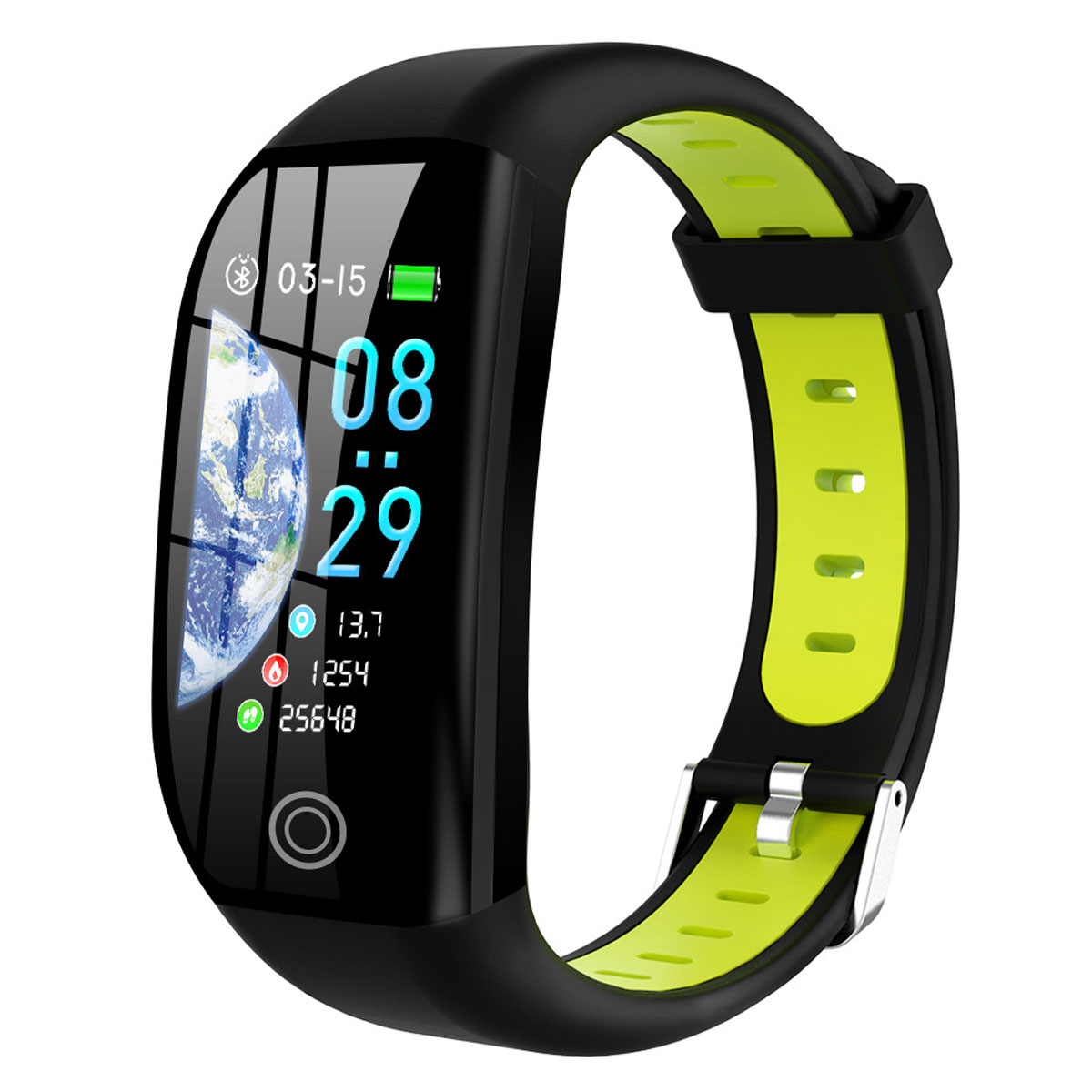 Schwarz-grüne Smartwatch, die Zeit, Datum und Gesundheitsmetriken anzeigt.