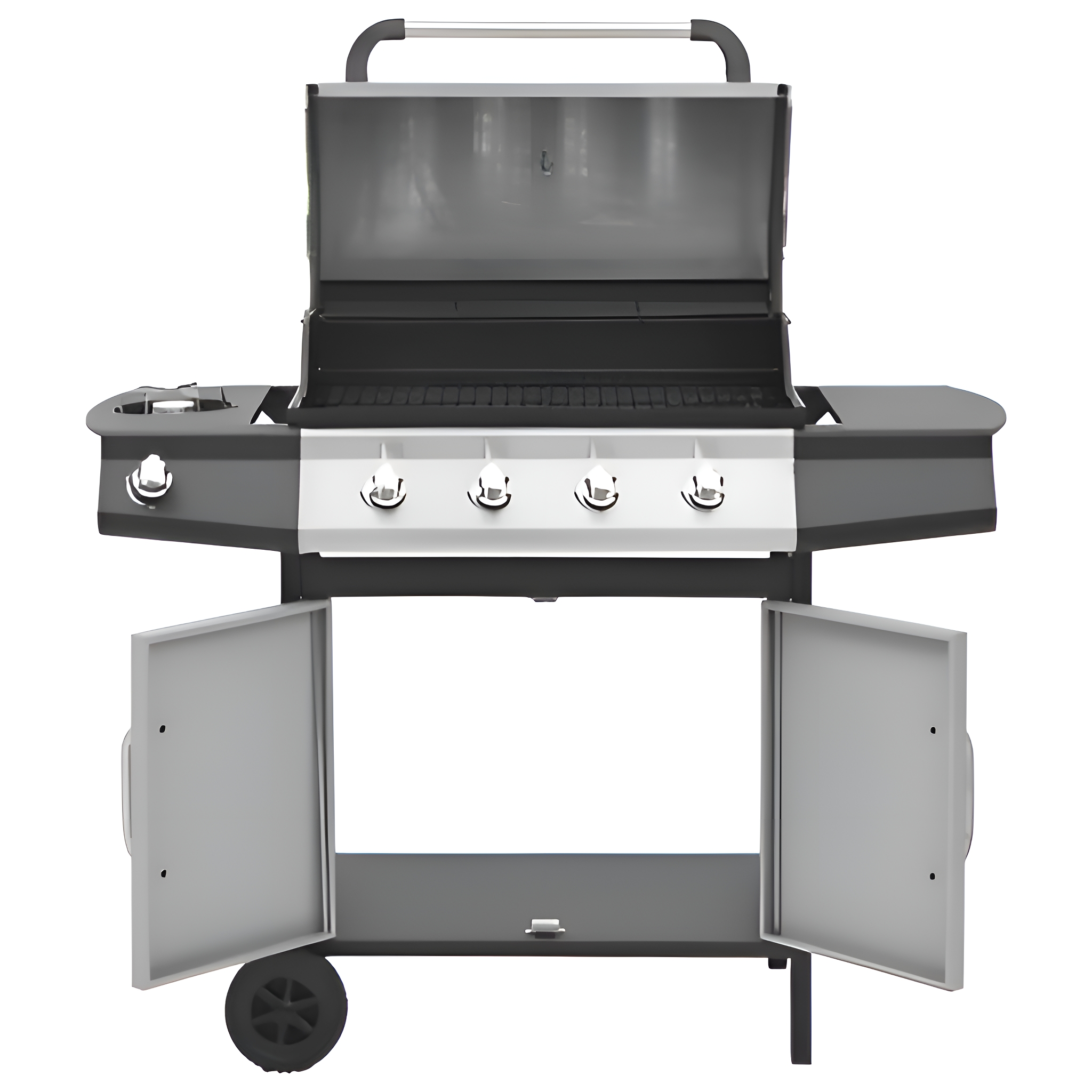 Gasgrill. Offener Deckel und Türen. Schwarz und grau. Räder für Mobilität. Weißer Hintergrund.