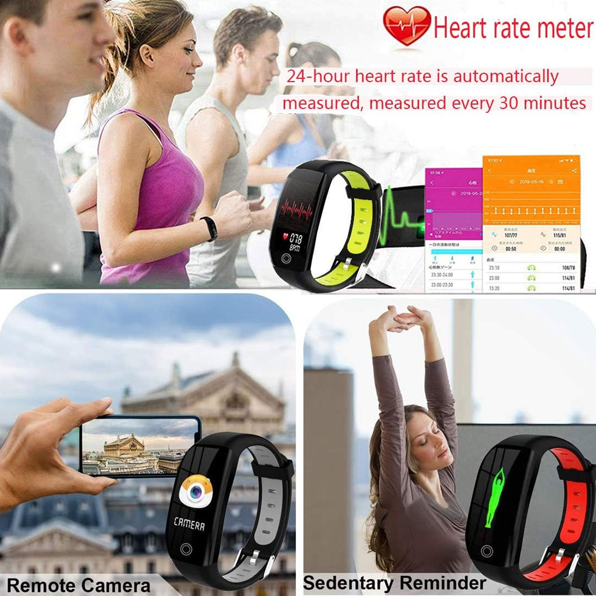 Eine Smartwatch mit Herzfrequenzmesser, Fernkamera und Funktionen zur Erinnerung an Bewegung wird gezeigt.