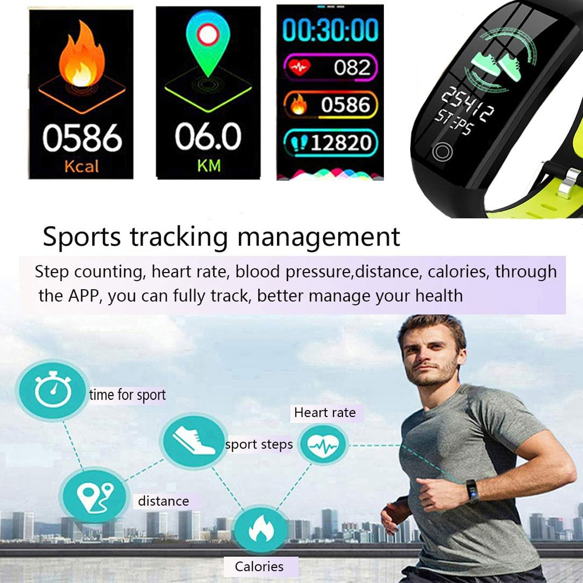 Fitnesstracker zeigt Kalorien, Distanz und Herzfrequenz. Im Hintergrund läuft ein Mann.