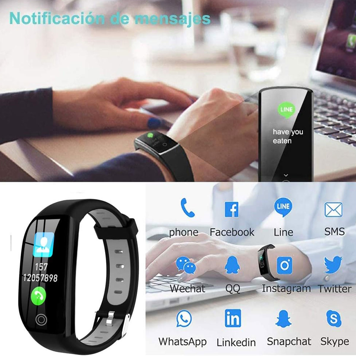 Smartwatch mit App-Symbolen und einem Bildschirm mit Telefonnummer.