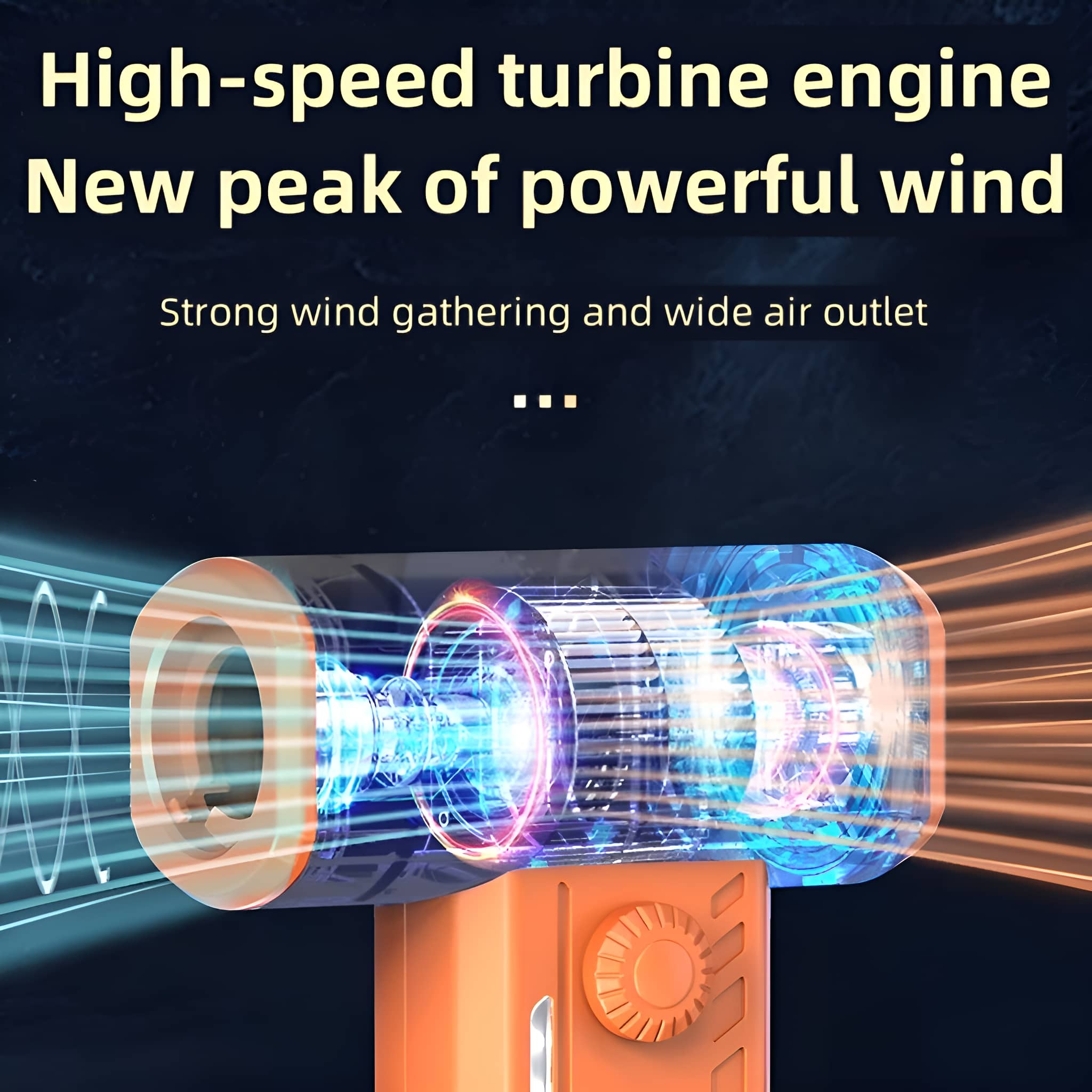 Bild eines Hochgeschwindigkeits-Turbinentriebwerks mit Text über starken Wind und einen breiten Luftauslass.