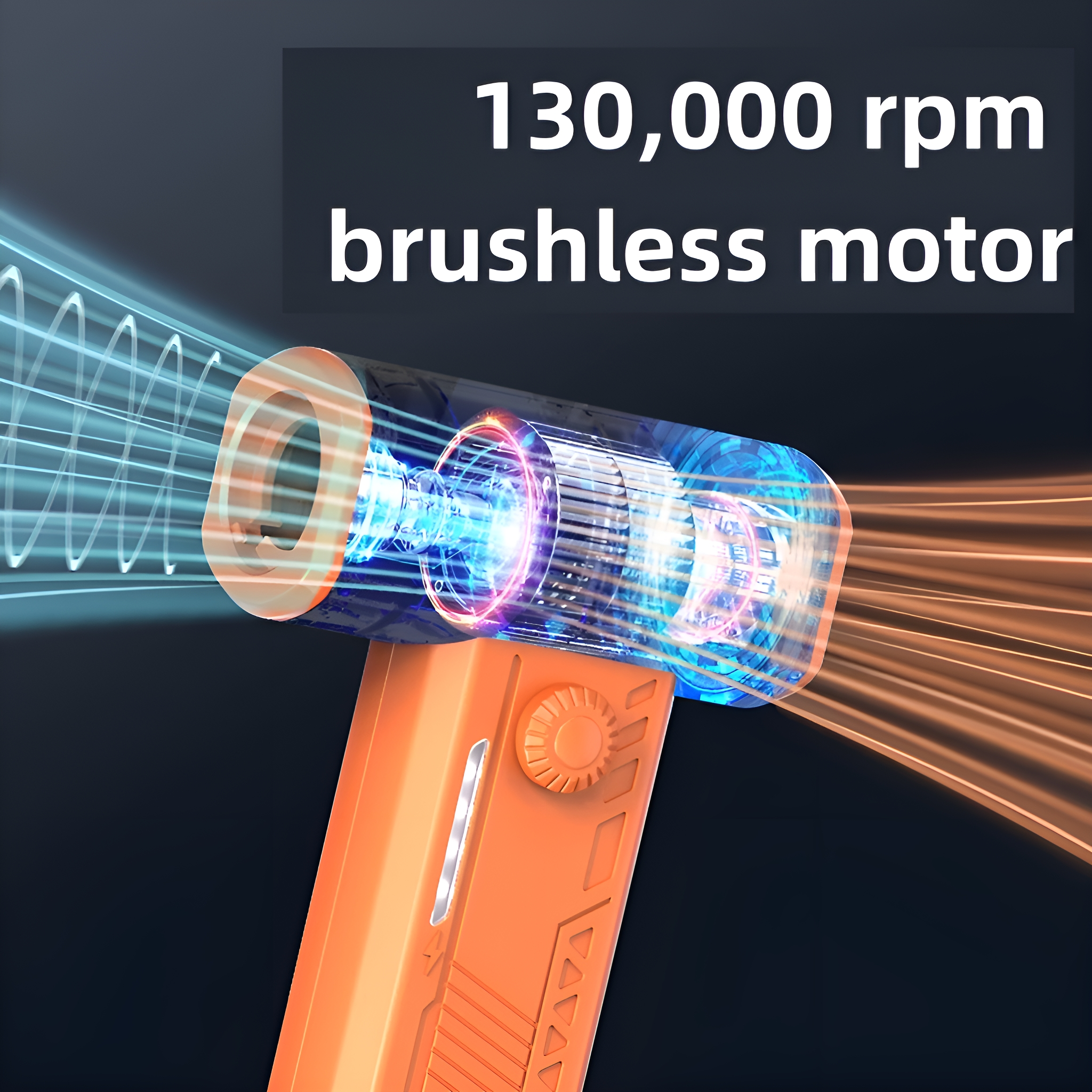 Ein oranges Werkzeug mit blauem und orangefarbenem Lichteffekt und den Worten 'brushless motor'.