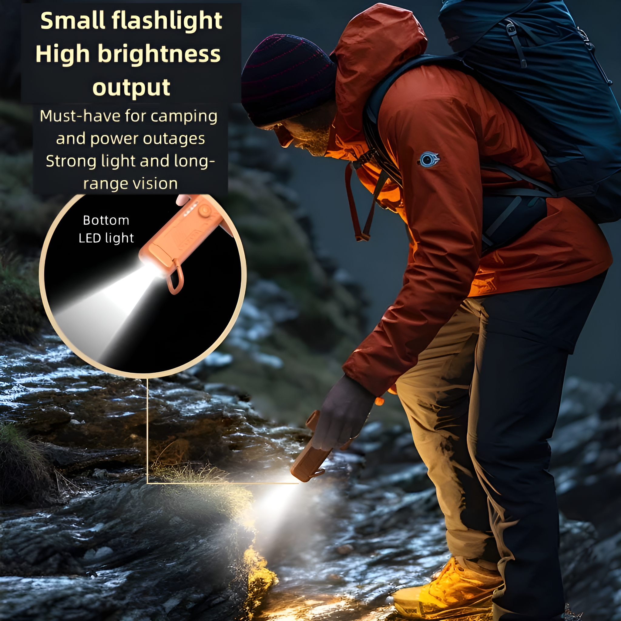 Ein Mann in orangefarbener Jacke benutzt eine Taschenlampe in felsigem Gelände, mit Text zur Taschenlampe.