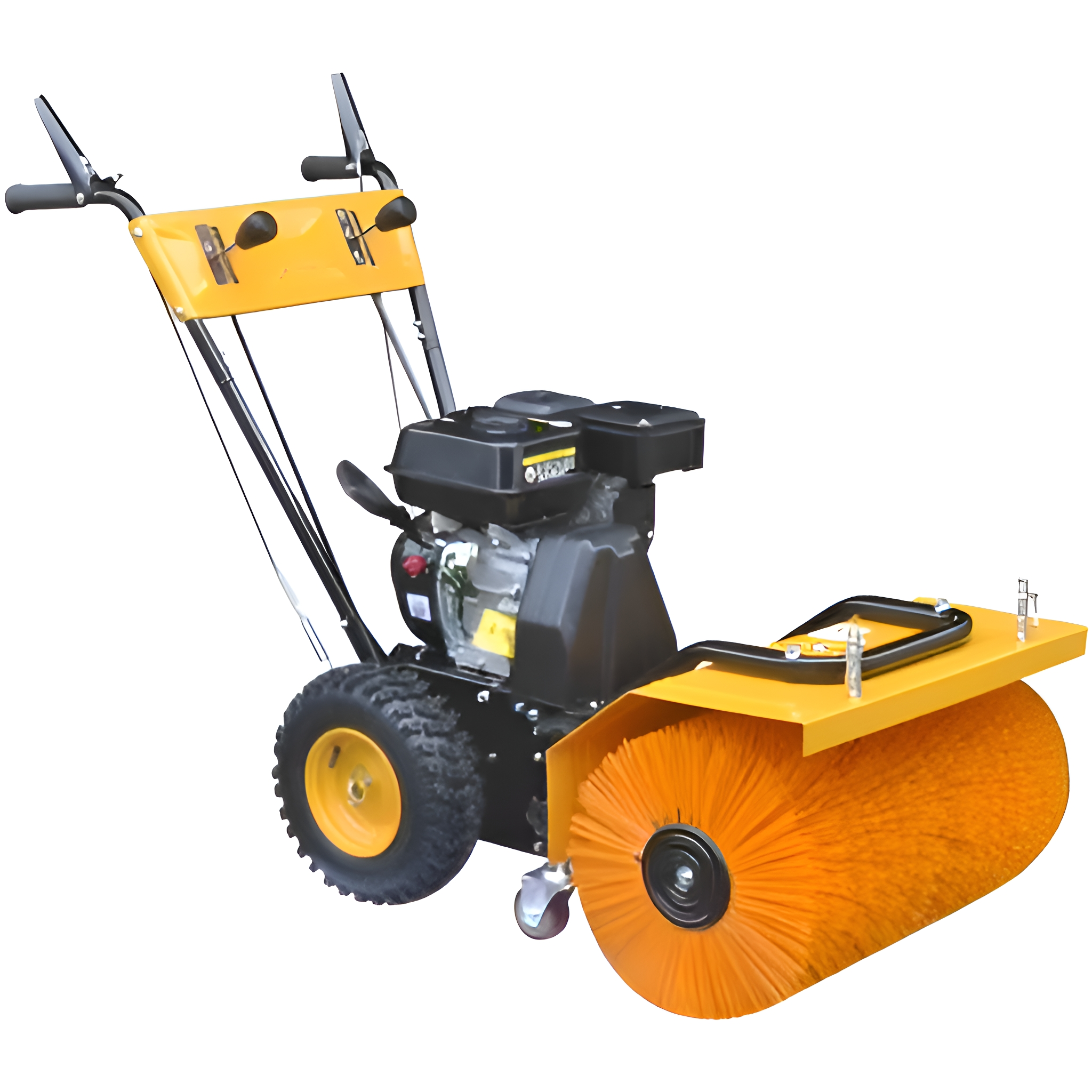 Gelber Schneefeger mit orangefarbener Bürste und schwarzem Motor. Räder sind gelb und schwarz.