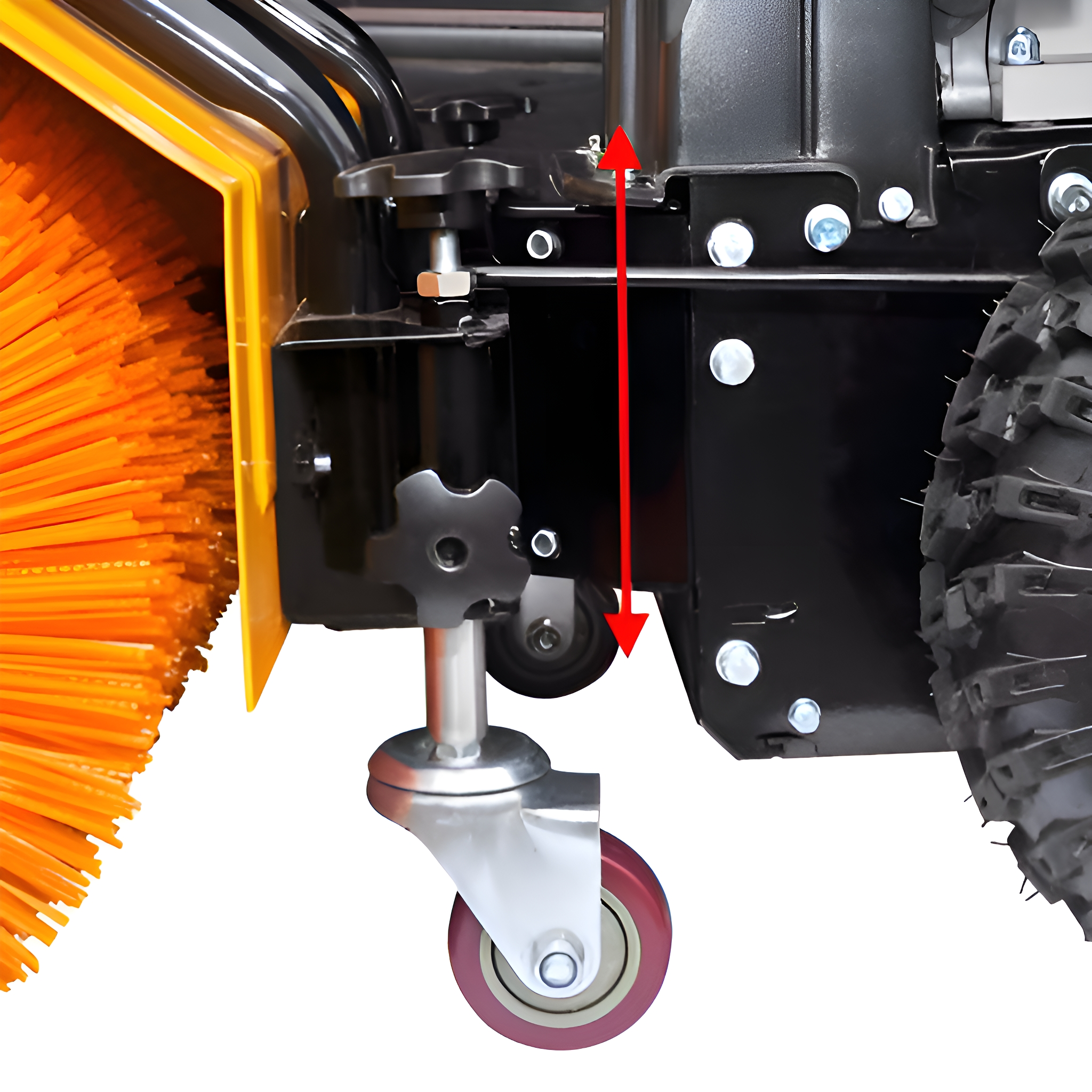 Eine Schneefräse mit einem Rad. Das Rad ist rot, die Schneefräse ist schwarz und orange.
