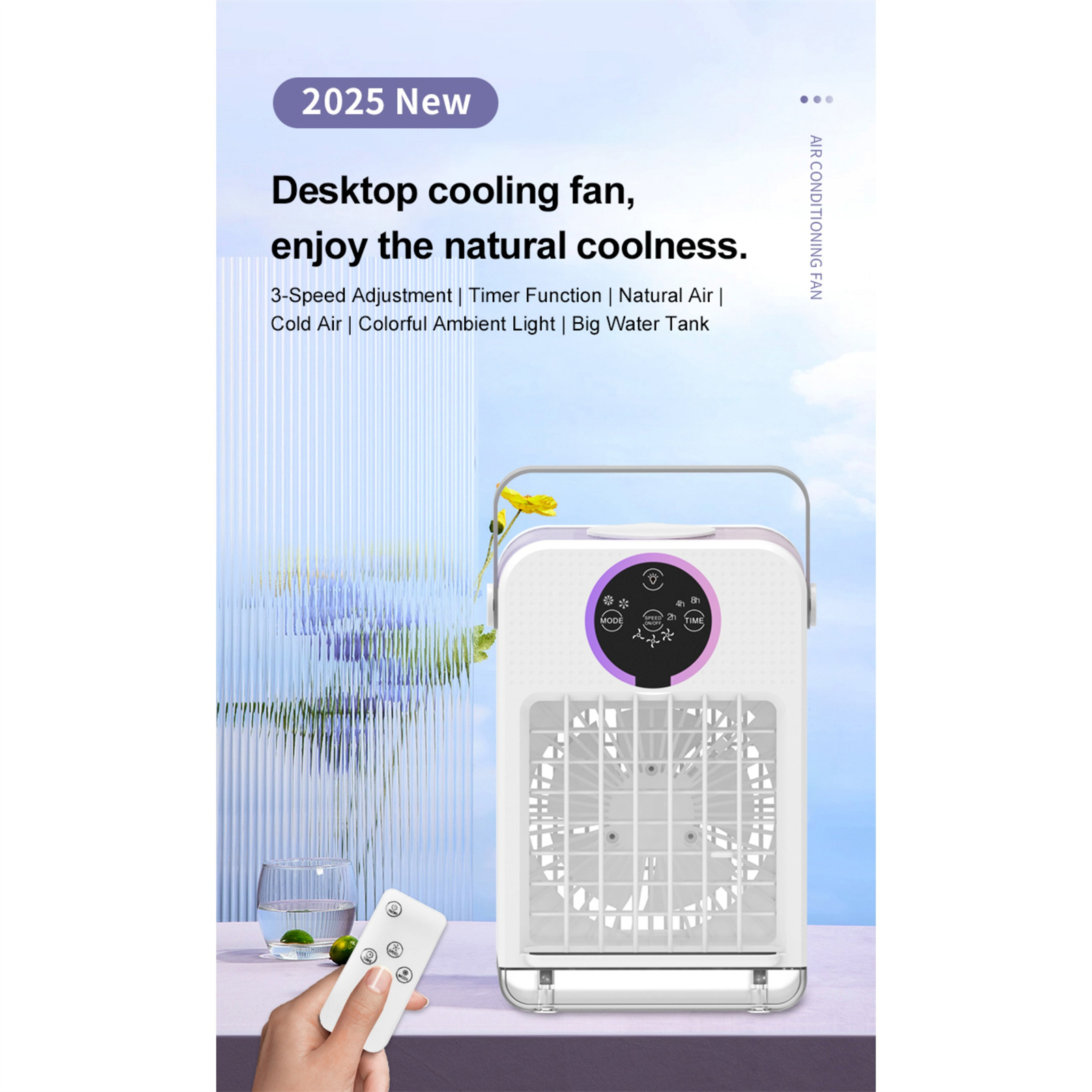 Ein weißer Desktop-Ventilator mit Bedienfeld und einer kleinen gelben Blume oben drauf.