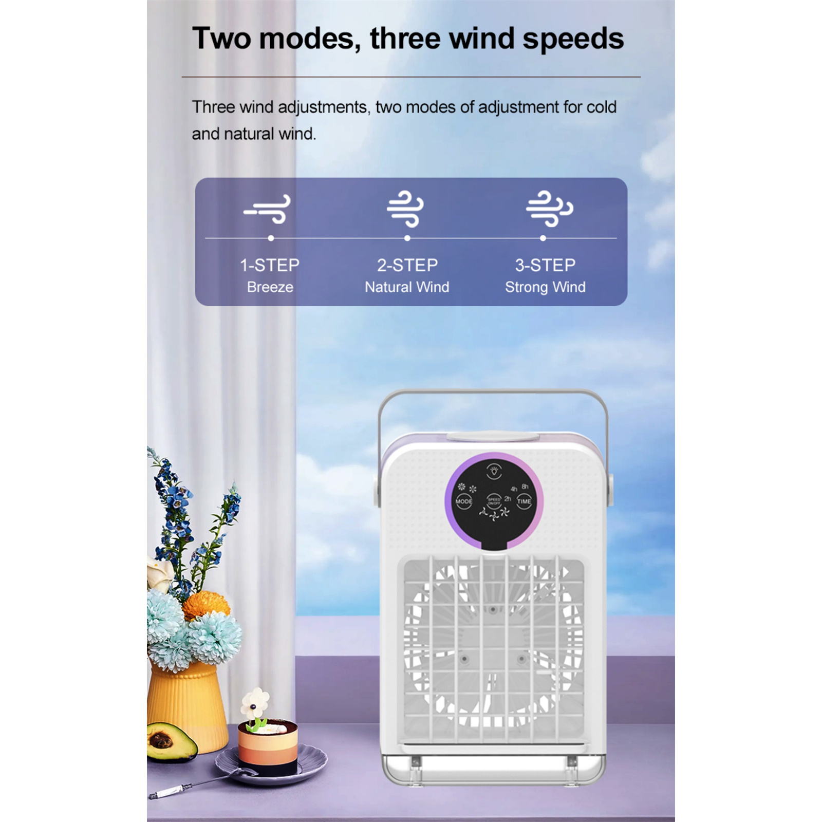 Weißer Luftkühler mit Ventilator, 3 Windgeschwindigkeiten und Bedienfeld. Hintergrund zeigt Blumen.