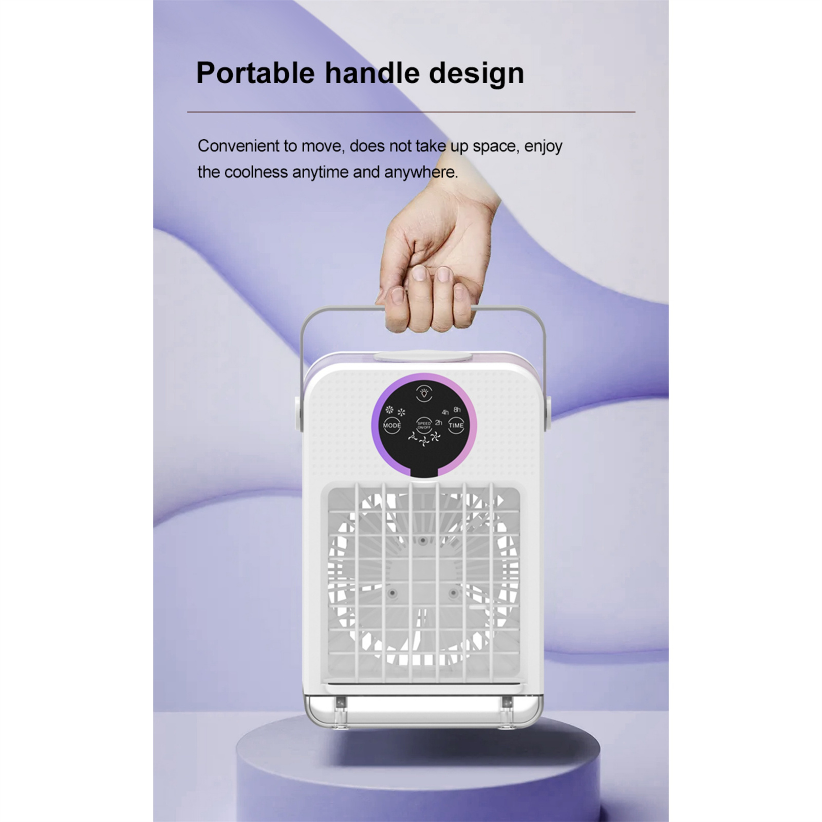 Ein weißer tragbarer Ventilator mit Griff. Es hat ein Gitter, ein digitales Display und eine Hand, die es hält.