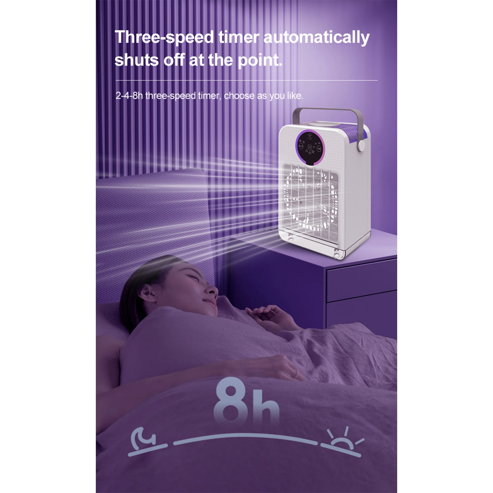 Eine Person schläft unter lila Beleuchtung, mit einem Kühlventilator. Text zeigt Timereinstellungen an.