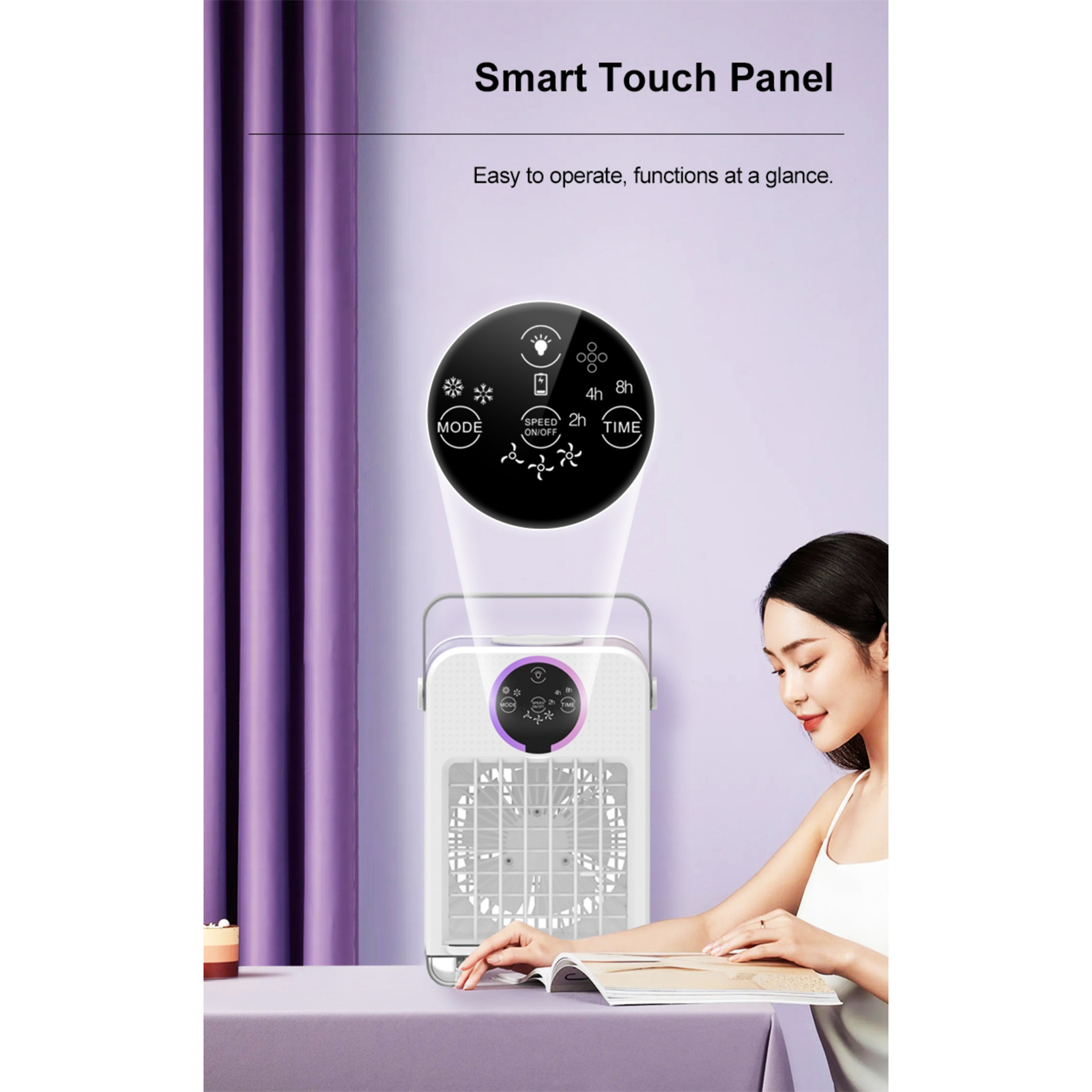 Frau, die in der Nähe eines Ventilators mit Touch-Panel sitzt und ein Buch liest.