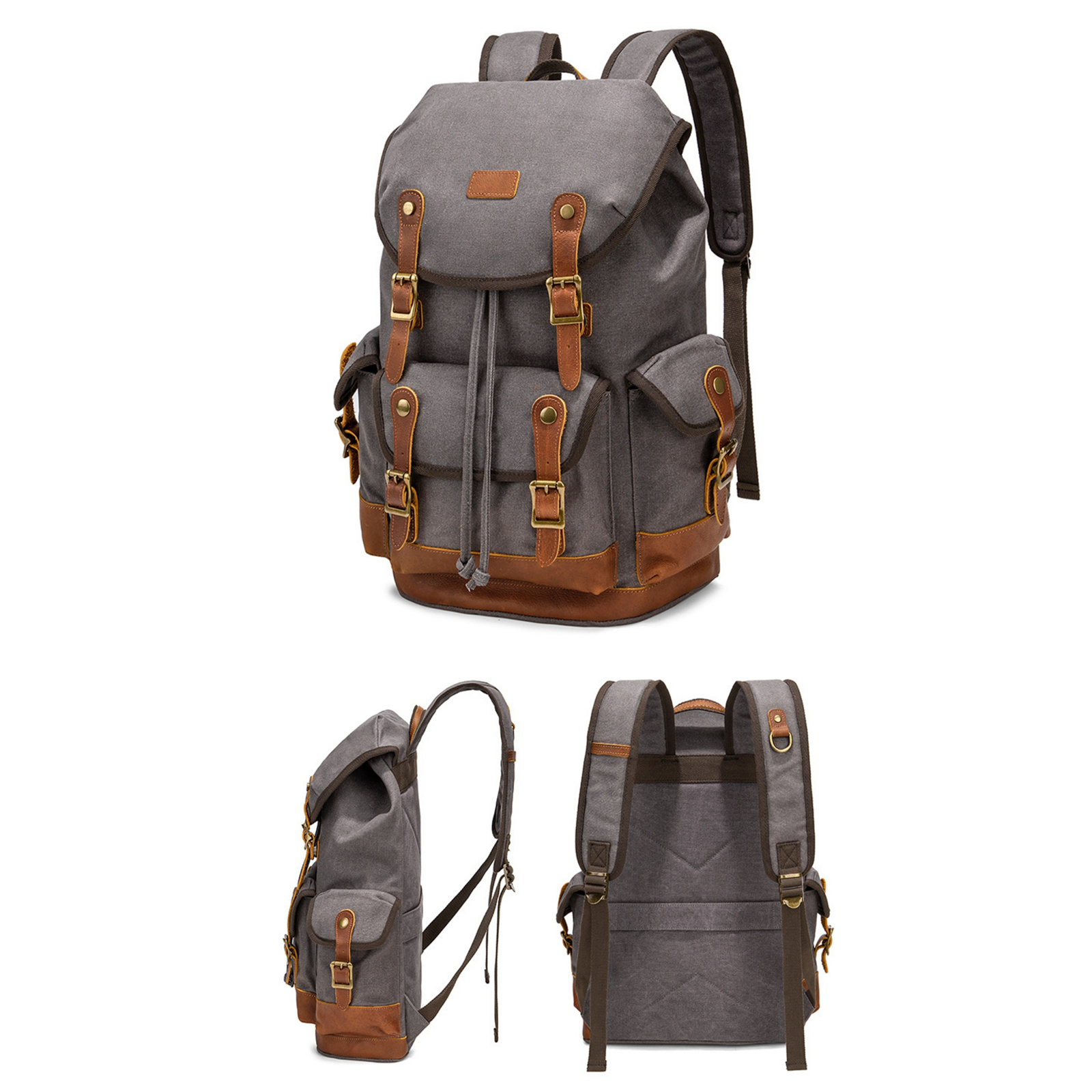 Grauer Rucksack mit braunen Lederakzenten. Mehrere Ansichten: vorne, Seite und hinten. Verstellbare Gurte und Schnallen.
