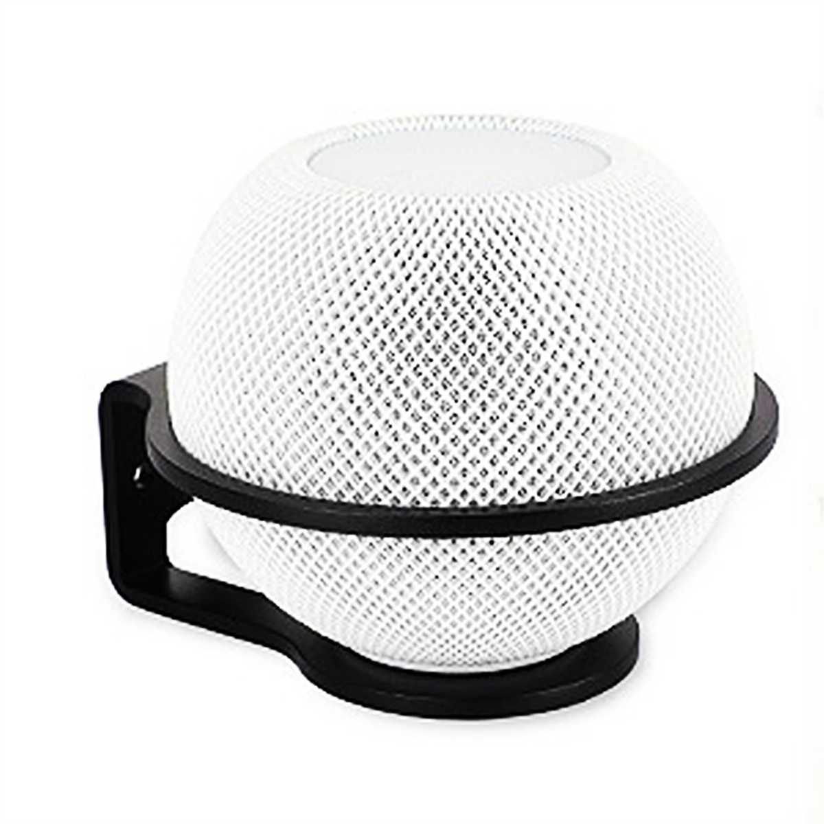 Weißer, kugelförmiger Smart Speaker in einem schwarzen Ständer, isoliert vor weißem Hintergrund.