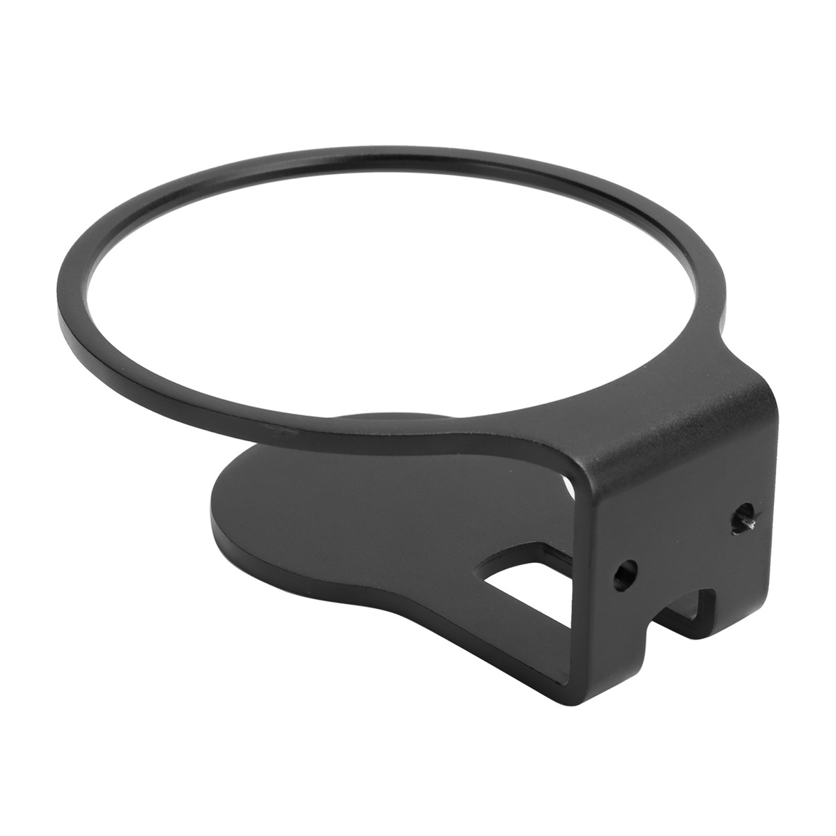 Ein schwarzer Metall-Becherhalter mit kreisförmiger Öffnung und gebogener Basis.