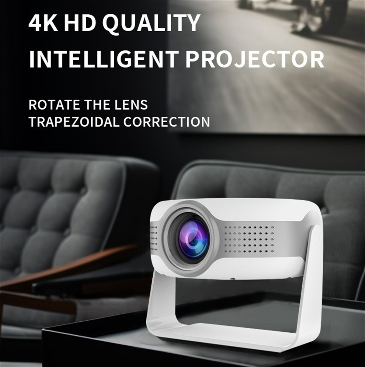 Ein weißer und grauer Projektor steht auf einer schwarzen Oberfläche. Der Text lautet: 4K HD Qualität, Intelligenter Projektor, Linse drehen, Trapezkorrektur.
