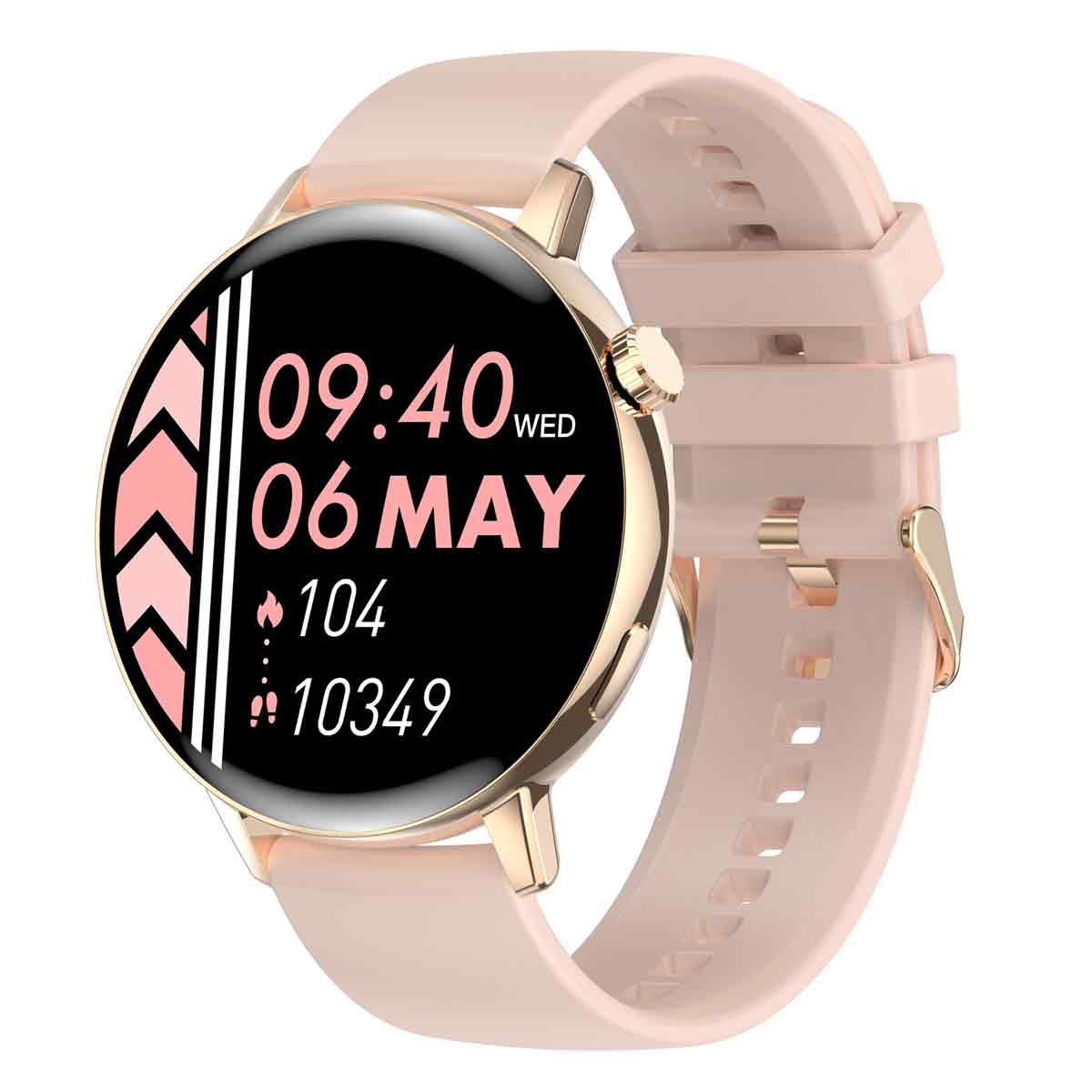 Rosafarbene Smartwatch mit rundem Display, das Zeit, Datum und Gesundheitsdaten zeigt, auf weißem Hintergrund.