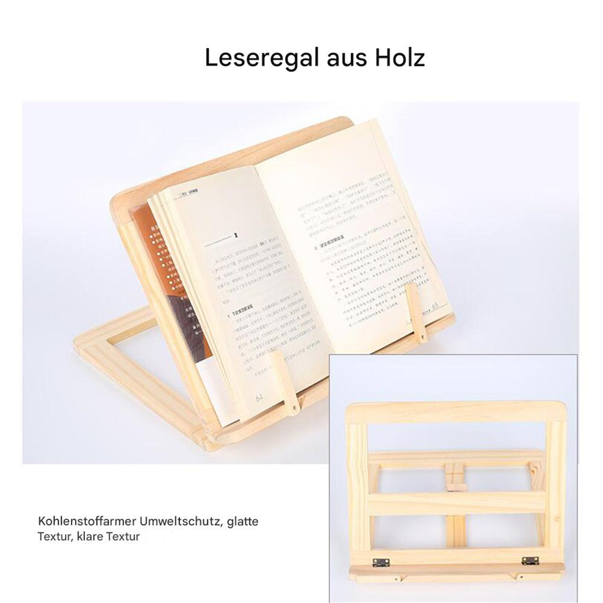 Ein hölzerner Buchständer, der ein offenes Buch mit Text hält.