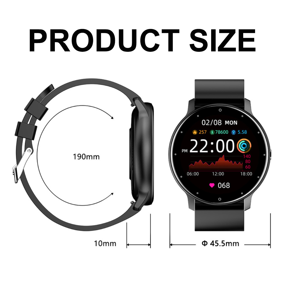 Schwarze Smartwatch mit Messungen und dem Text PRODUKTGRÖSSE.