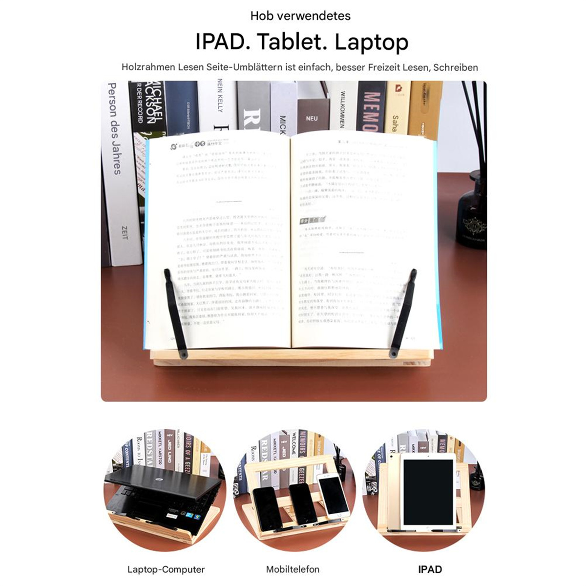 Ein hölzerner Buchhalter mit einem Buch. Es gibt auch Bilder von einem Laptop, Tablets und Telefonen.