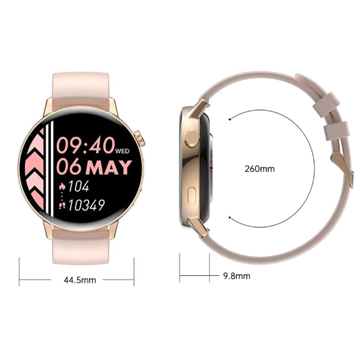 Smartwatch mit pinkfarbenem Armband, mit kreisförmiger Anzeige von Datum und Uhrzeit.