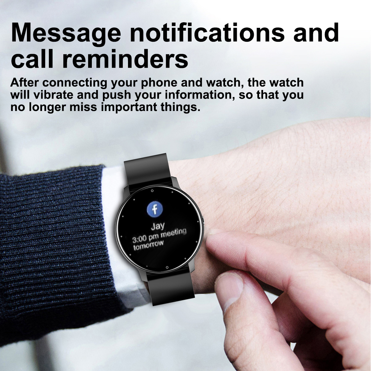 Eine Smartwatch am Handgelenk, die eine Facebook-Meeting-Benachrichtigung anzeigt.