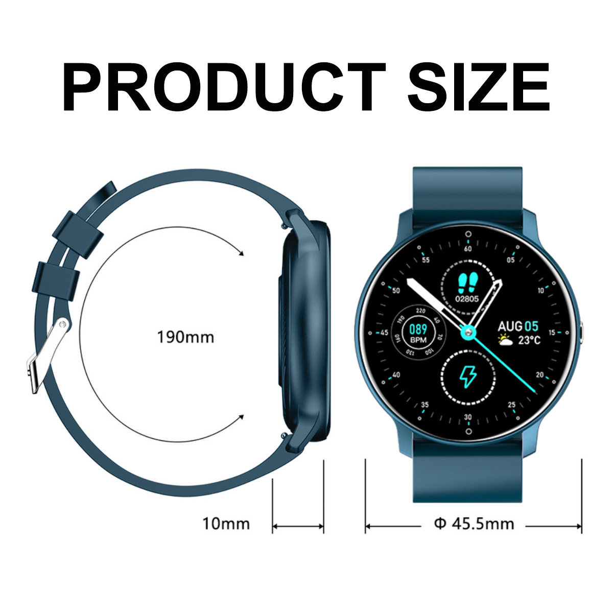 Eine blaue Smartwatch mit Armband, die Produktabmessungen zeigt: 190 mm, 10 mm und 45,5 mm.
