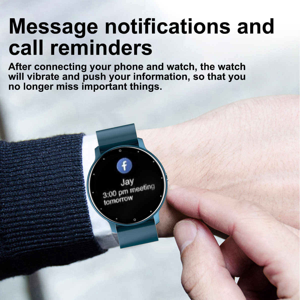 Handgelenk einer Person mit einer Smartwatch, die eine Nachricht anzeigt. Text: '3:00 pm meeting tomorrow'.