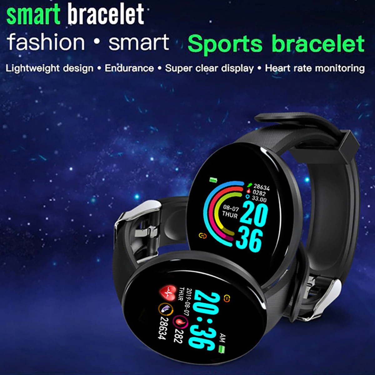 Eine Smartwatch mit schwarzem Armband, die Zeit und Herzfrequenz anzeigt.