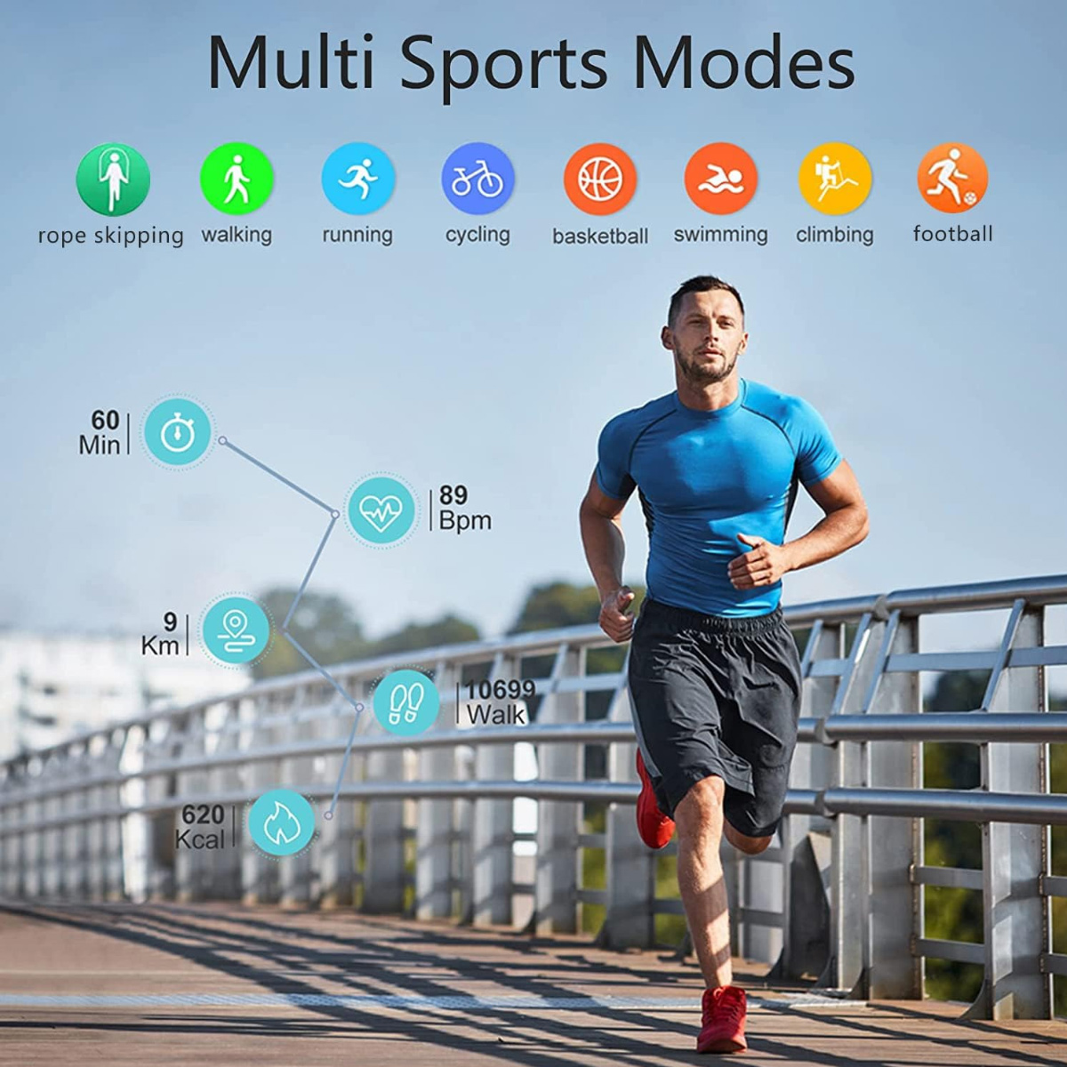 Mann rennt auf einer Brücke, mit Fitnessdaten-Overlays, die verschiedene Sportarten zeigen.
