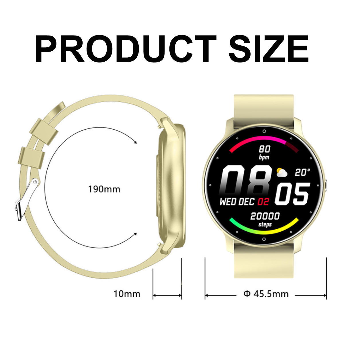 Goldene Smartwatch zeigt Zeit und Gesundheitsmetriken. Abmessungen: 190 mm (Länge), 10 mm (Dicke) und 45,5 mm (Breite).