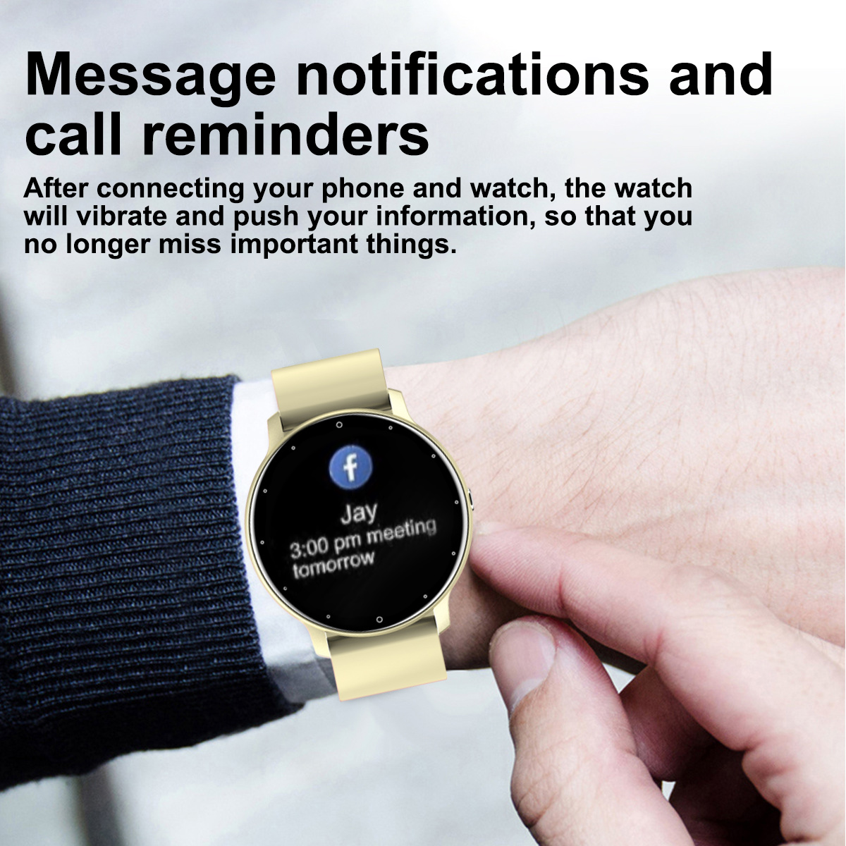 Eine Smartwatch, die eine Facebook-Benachrichtigung anzeigt. Eine Hand interagiert mit der Uhr.