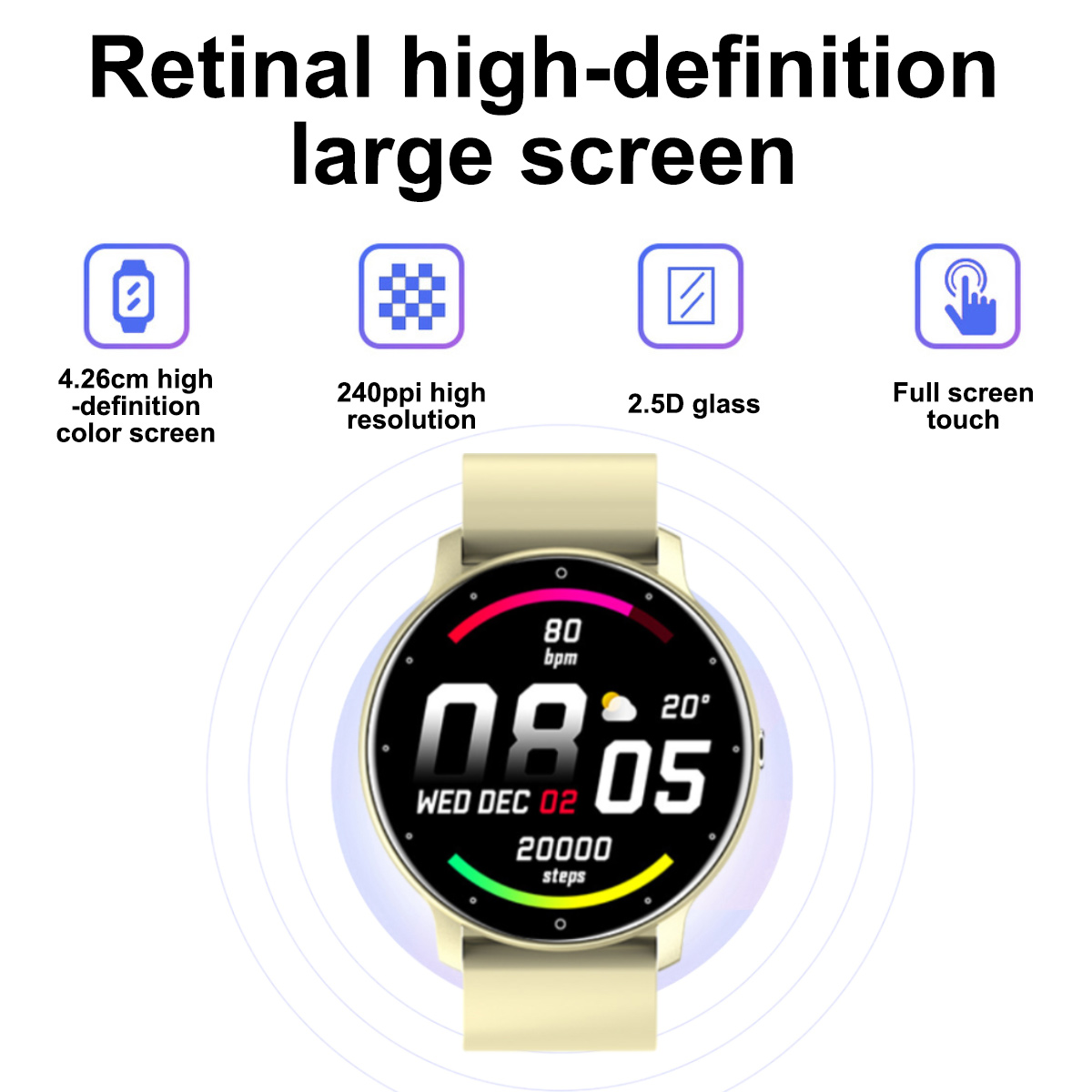 Smartwatch mit rundem Display, das Zeit und Gesundheitsdaten anzeigt. Enthält 4 Symbole, Text: großer Bildschirm.