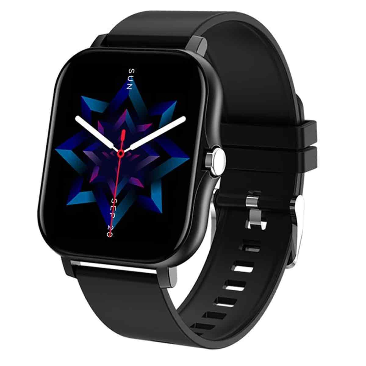 Schwarze Smartwatch mit quadratischem Bildschirm, der Datum und Uhrzeit anzeigt.