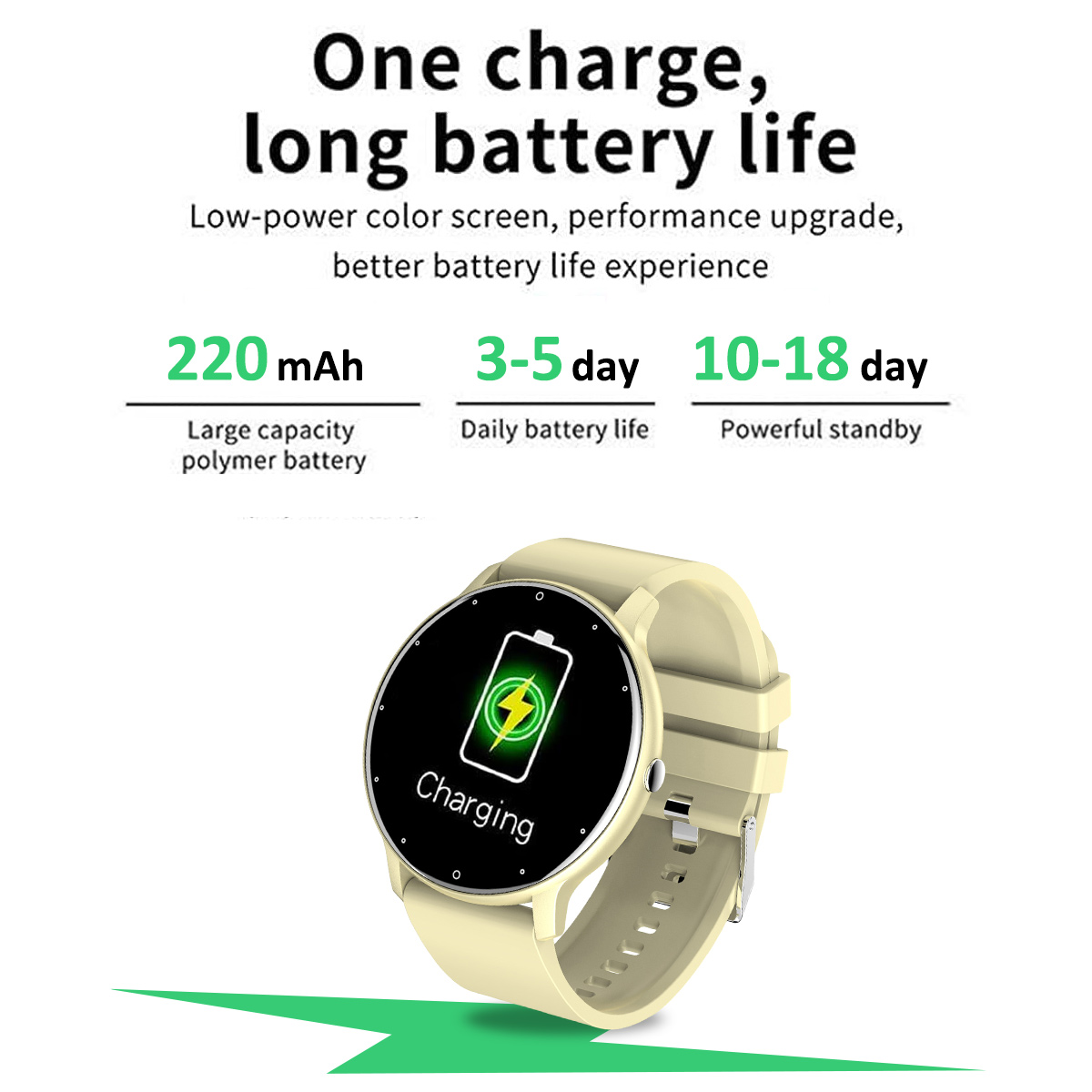 Smartwatch mit Ladebildschirm. Text zeigt 220 mAh Akku, 3-5 Tage Akkulaufzeit.