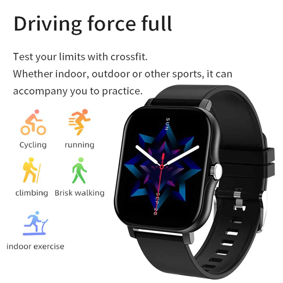 Smartwatch mit schwarzem Armband, zeigt die Zeit, mit Aktivitätssymbolen für Bewegung.