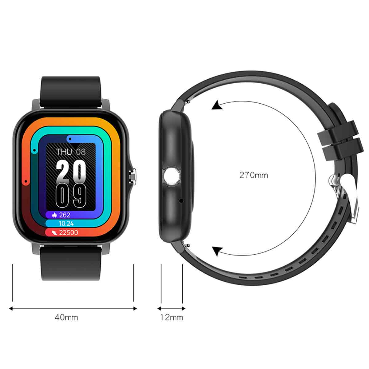 Schwarze Smartwatch mit Anzeige von Zeit und Metriken. Angezeigt neben einem schwarzen Smartwatch-Armband.