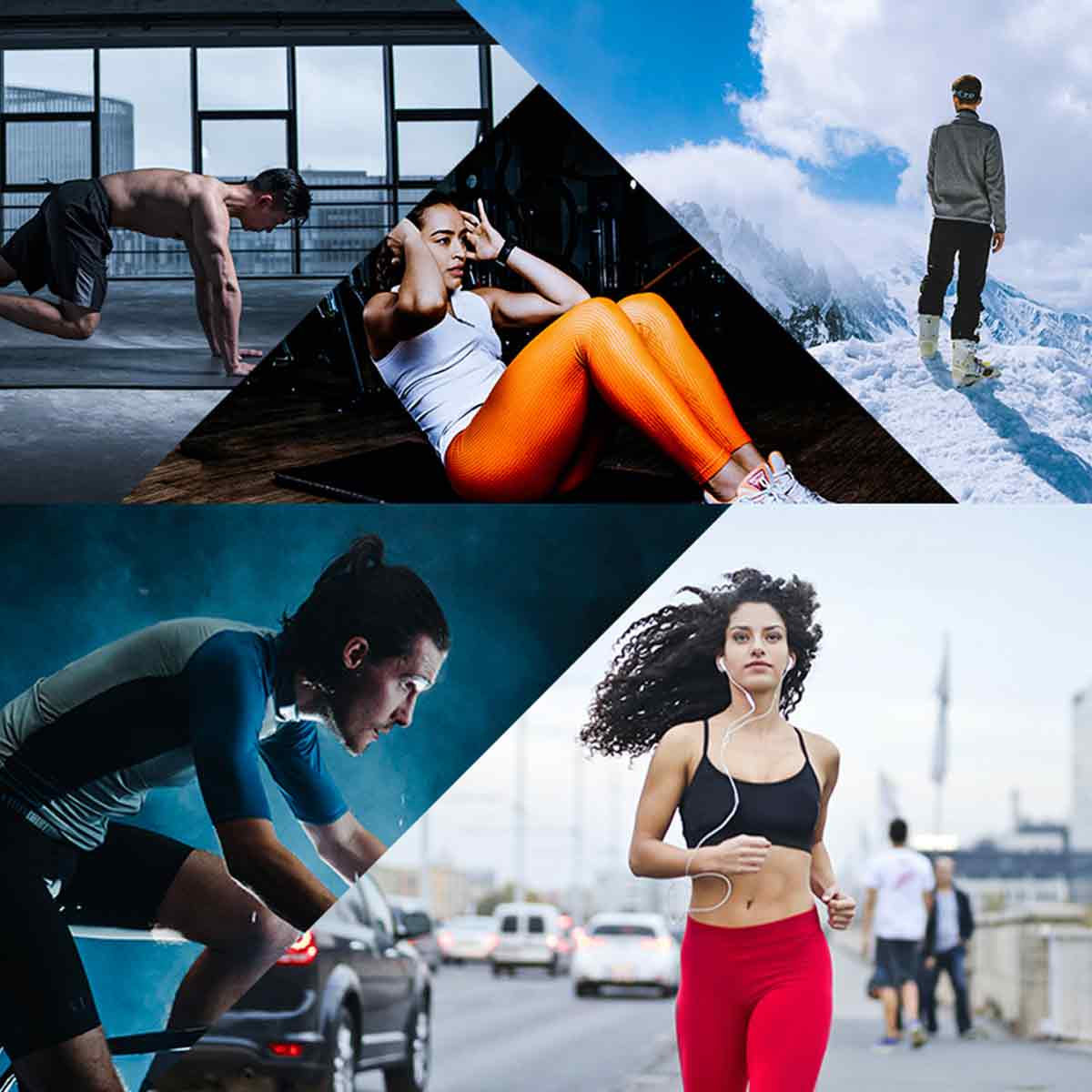Eine Collage von Menschen beim Training: Liegestütze, Sit-ups, Laufen und Snowboarden.