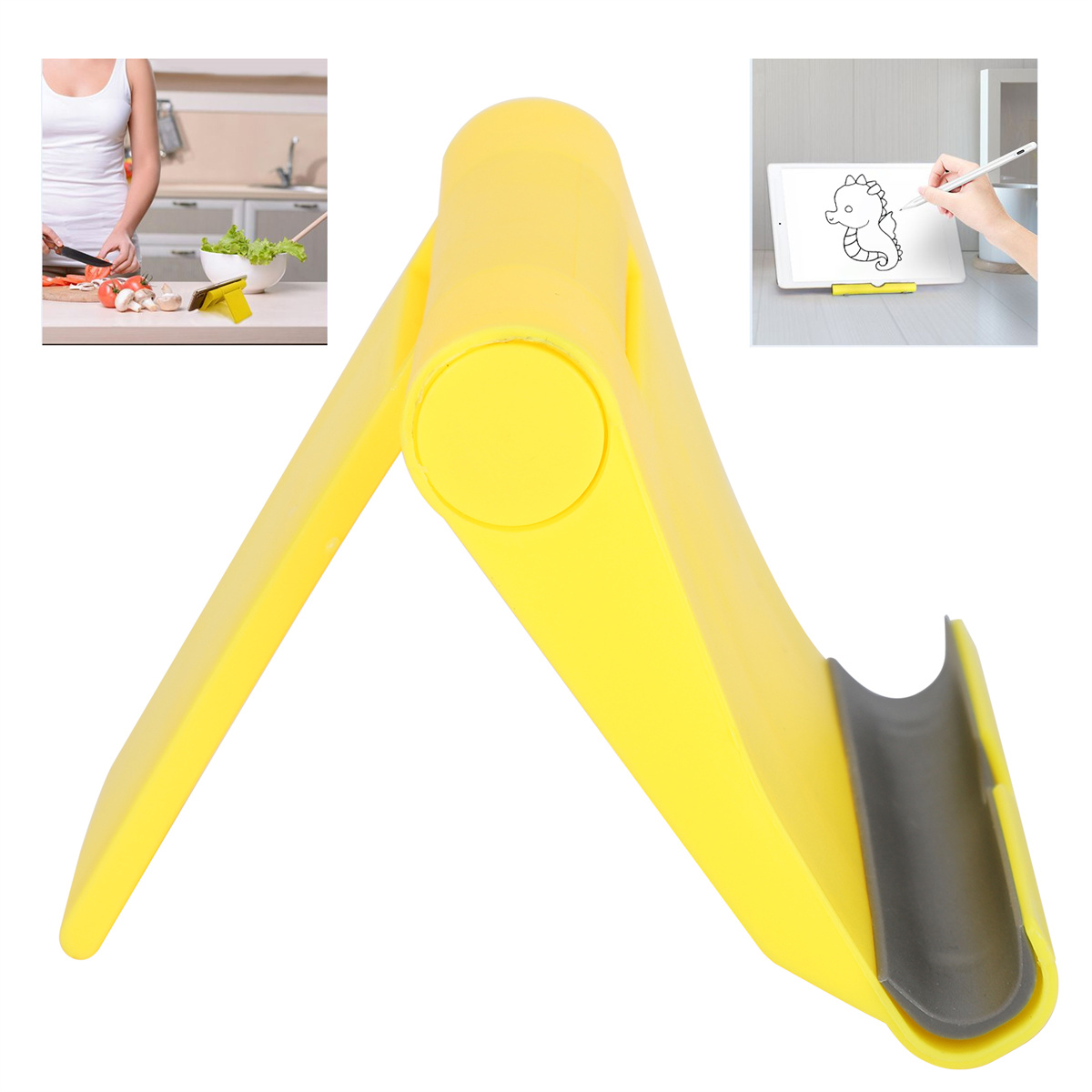 Ein gelber Tablet-Ständer mit Tablet. Im Hintergrund schneidet eine Person Gemüse.
