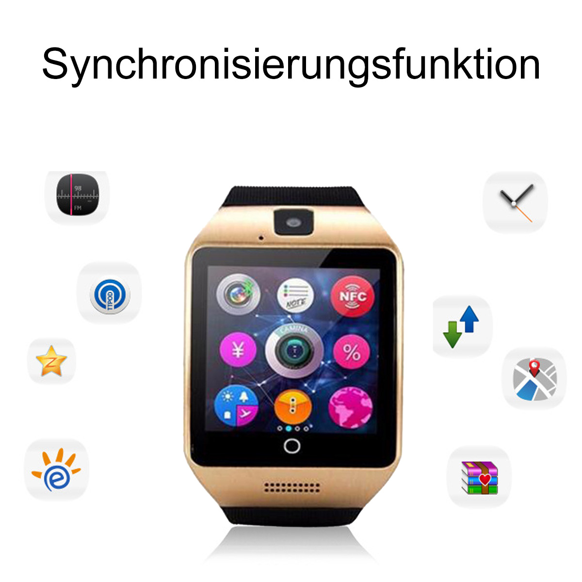 Eine goldene Smartwatch mit Touchscreen und mehreren App-Symbolen.